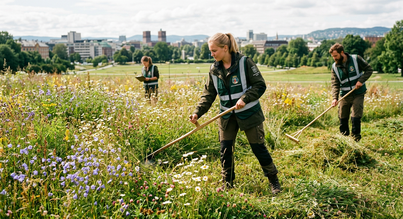 Skjøtsel av blomstereng med ljå i Oslo sentrum