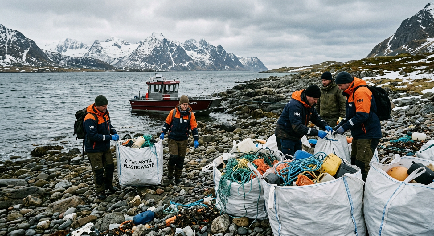 Strandrydding av marint avfall på en avsidesliggende strand i Nord-Norge